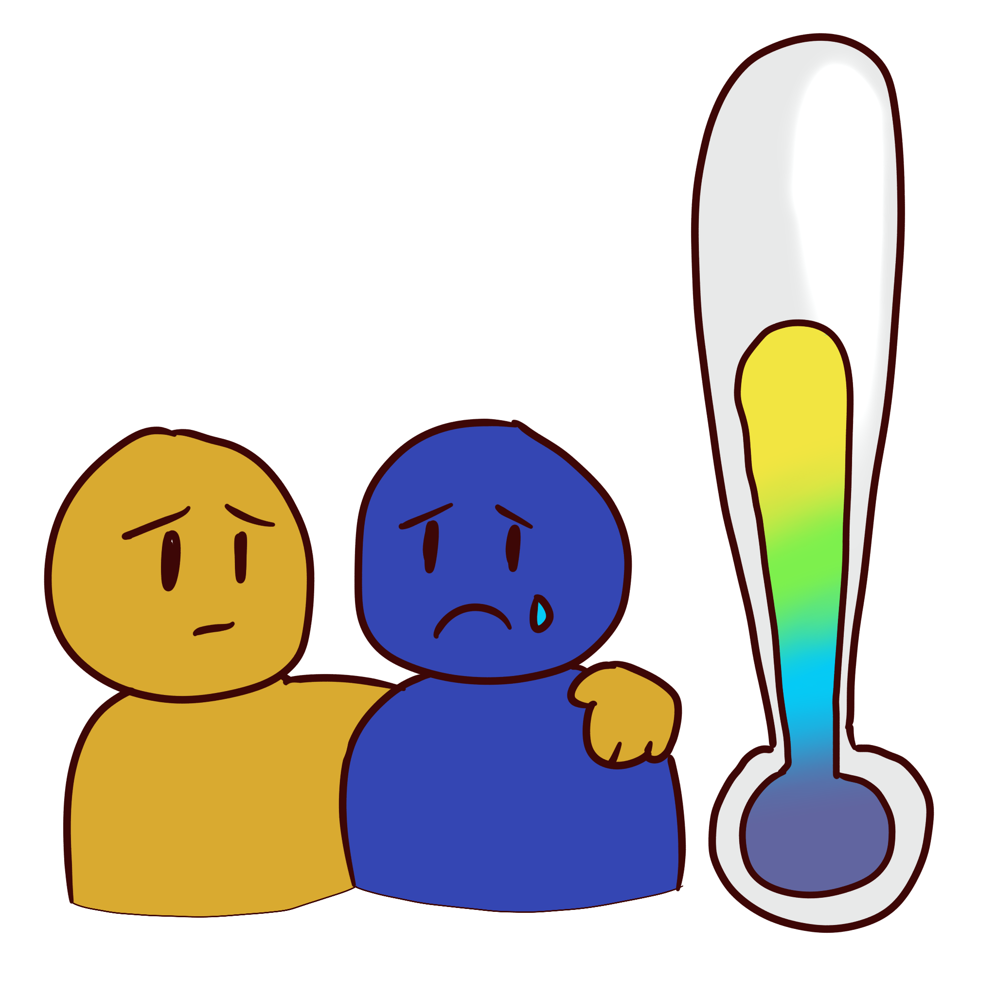image of a yellow figure comforting a sad blue figure. next to it is a thermometer with a moderate temperature